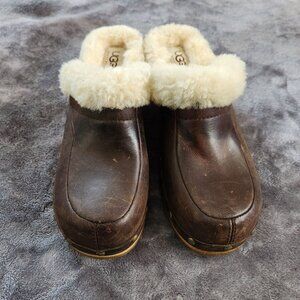 UGG Womens Brown Leather Shearling-Lined Wooden Clogs Size 6